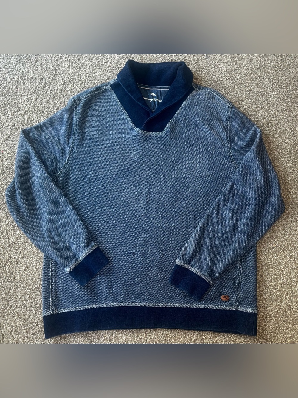 Tommy Bahama Blue Cotton Knit Shawl Collar Pullover Sweater Men Marlin Logo XL